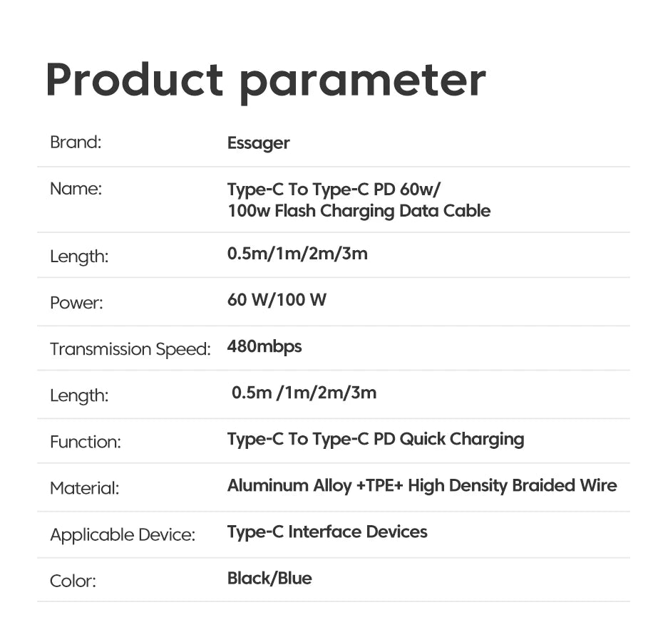 Essager 100W USB Type C To USB C Fast Charging